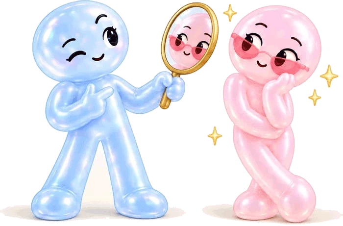 Blue and pink characters look at each other through a mirror.